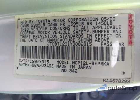 2000 Toyota Echo from USA, damaged, VIN JTDBT1231Y0082815